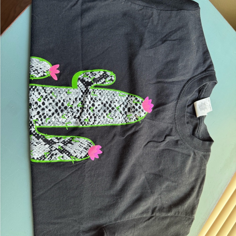 Black Tee with Neon Green & Pink Cactus Graphic.